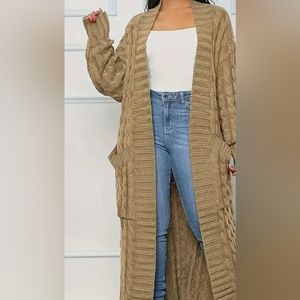 Warm Boho Cable Knit Beige Long Cardigan Sweater